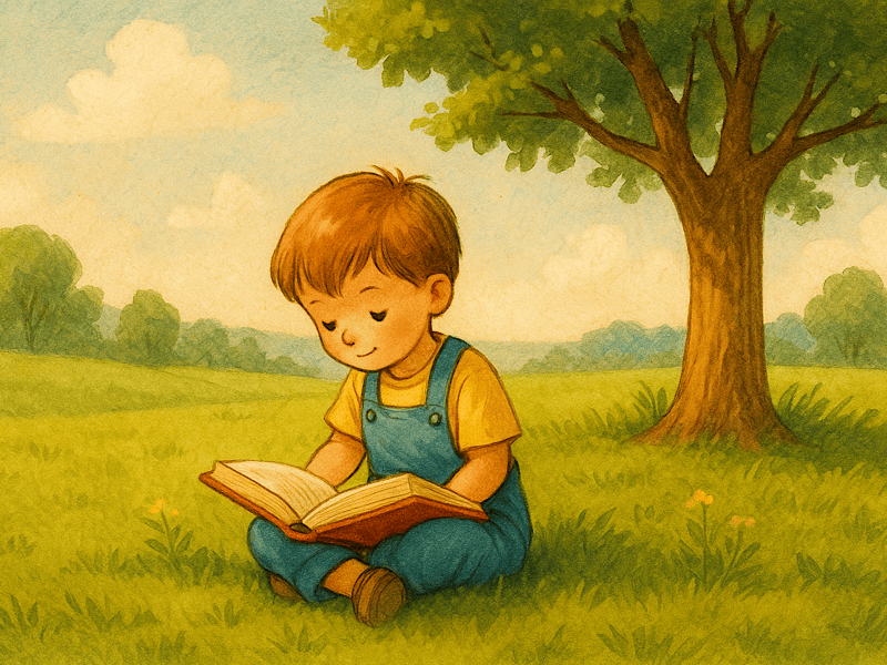 мультяшная иллюстрация ребёнка, читающего книгу на траве в парке, тёплая и спокойная атмосфера, символизирующая осознанное и неторопливое детство