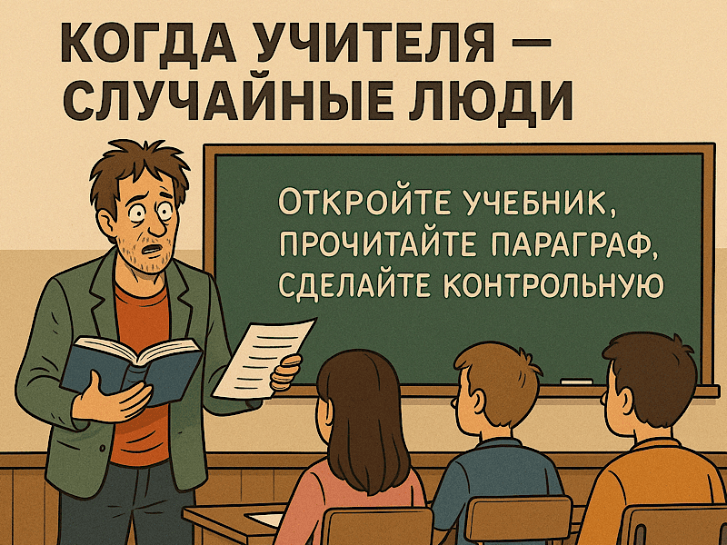 Сатирическая иллюстрация: некомпетентный школьный учитель у доски с инструкцией «Откройте учебник, прочитайте параграф, сделайте контрольную», дети в классе смотрят с недоумением.