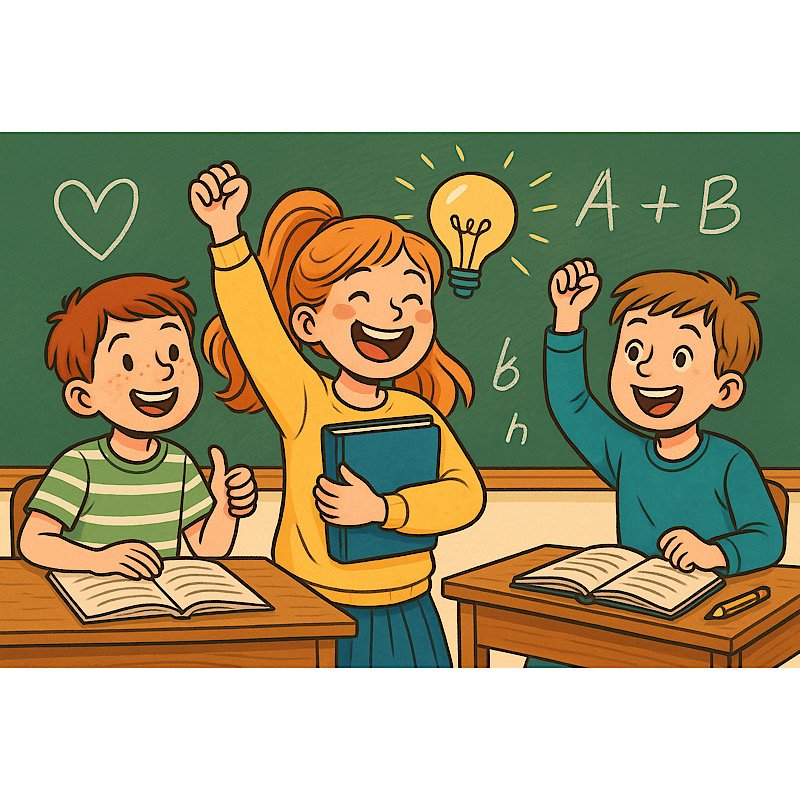 Весёлые школьники в классе радуются учебе и тянут руки вверх за партами