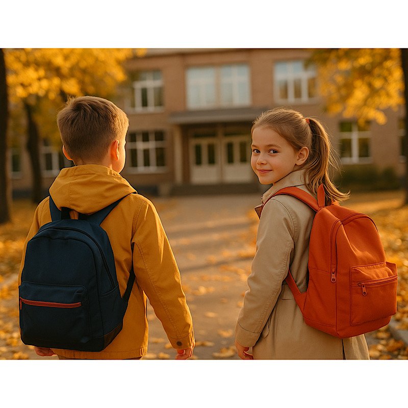 Дети идут из школы осенью, рюкзаки и жёлтые листья, первая четверть подходит к концу.